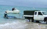 Having fun getting the boat out of the water
